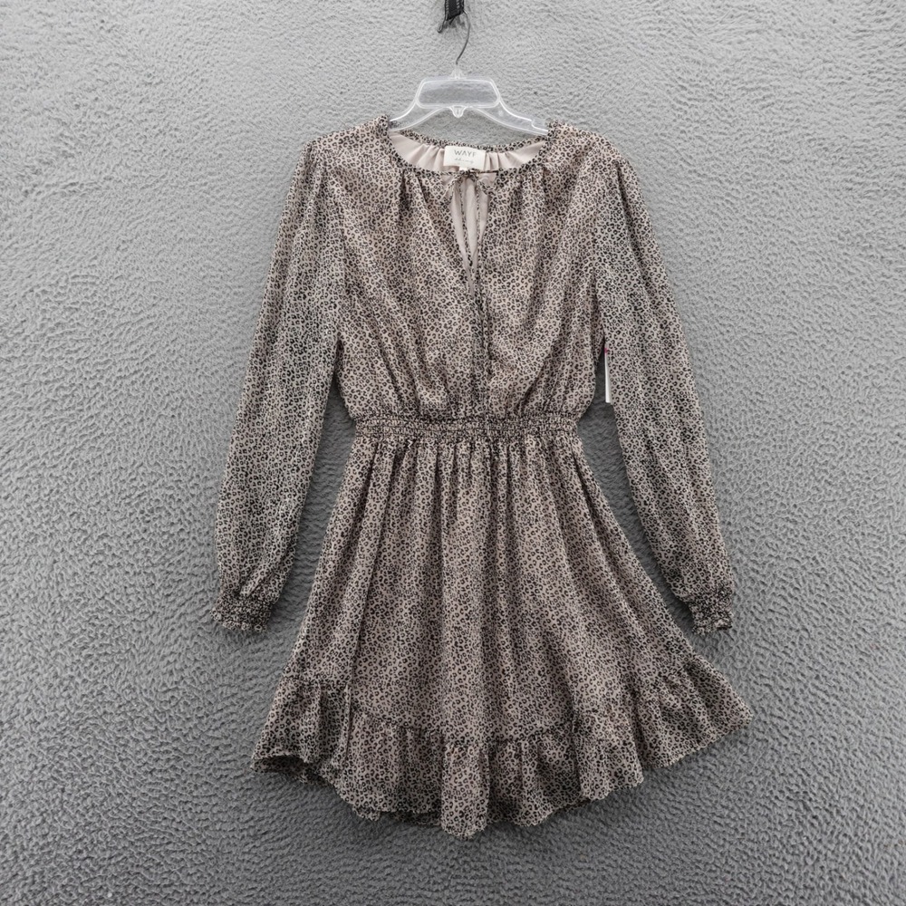WAYF Dede x Emily Leopard Print Long Sleeve Ruffle Hem Mini Dress M